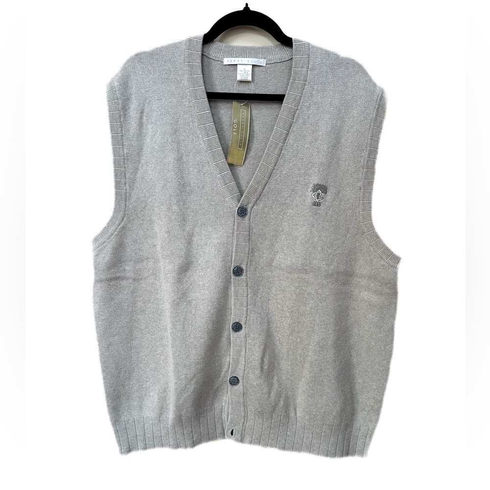 Perry Ellis knit cardigan vest, golf logo on chest, 100% cotton, light tan